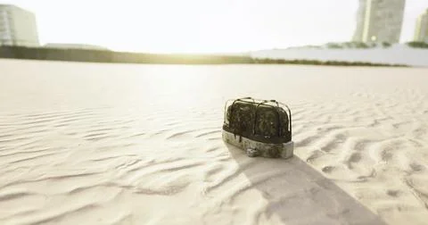 Abandoned suitcase on a sandy beach under a setting sun Stock Illustration
