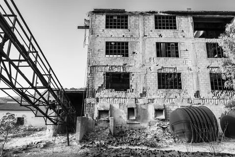 Abandoned sulphur mining complex Trabia Tallarita in Riesi, Sicily, Italy Stock Photos