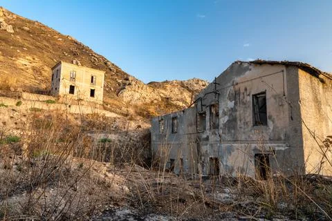 Abandoned sulphur mining complex Trabia Tallarita in Riesi, Sicily, Italy Stock Photos