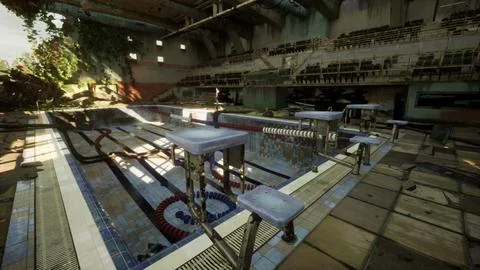 An abandoned swimming pool in an empty and crumbling building Stock Illustration