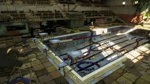 An abandoned swimming pool in an empty and decaying building Stock Illustration