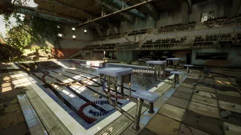 An abandoned swimming pool in an empty building Ilustración de archivo