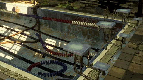 An abandoned swimming pool with empty chairs surrounding it Stock Footage 251892001