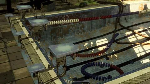 An abandoned swimming pool with empty chairs and a sense of desolation Stock Illustration