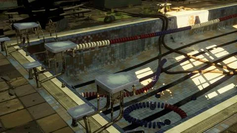 An abandoned swimming pool surrounded by empty chairs Stock Illustration