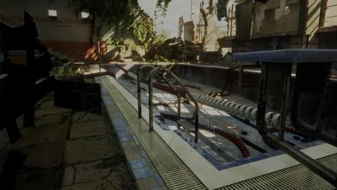 An abandoned swimming pool surrounded by empty chairs Stock Illustration