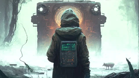 Abandoned technology possessed by AI spirits, glitch cyberpunk animation, AI Stock Footage 235662575