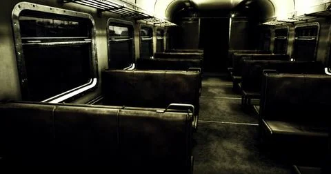 Abandoned train car interior showcases eerie emptiness and aged design Stock Illustration