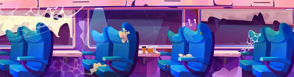 Abandoned train inside with damaged seats Illustrazione stock