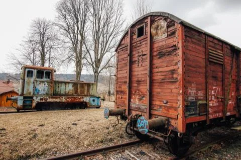 Abandoned train in Old train station Stock Photos