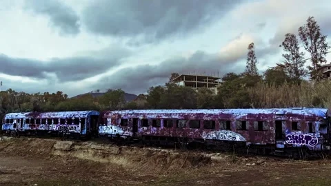 Abandoned train passing time and clouds Stock Footage 160994100
