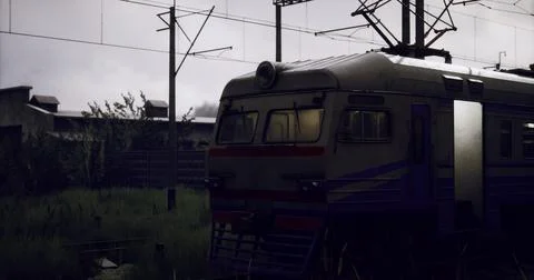 Abandoned train station in a rural setting during overcast weather Stock Illustration