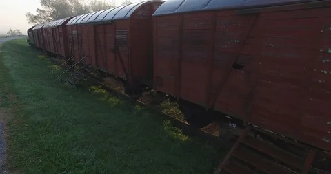 Abandoned train wagons and blue sky Jasenovac Stock Footage 124010212