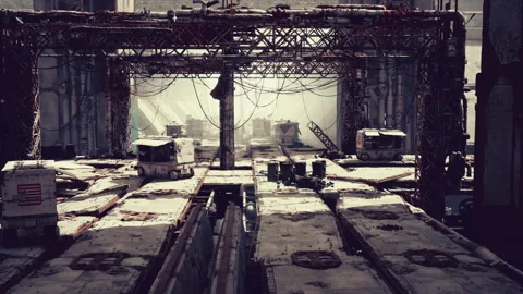 Abandoned train yard, Deserted rail facility with snow and old machinery Stock Footage 334338256