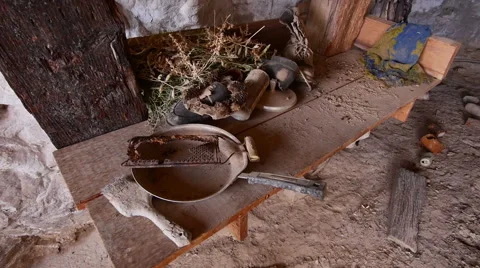 Abandoned Uranium Mine Dwelling in Wild American West Kitchen Shelf with Pots Stock Footage 40973731