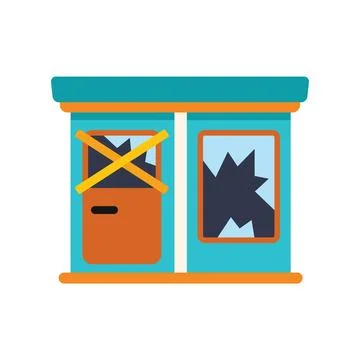 Abandoned vandalized building with broken window and boarded up door Ilustración de archivo