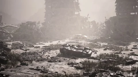 Abandoned vehicle in a post apocalyptic landscape at dusk Stock Footage 331401595