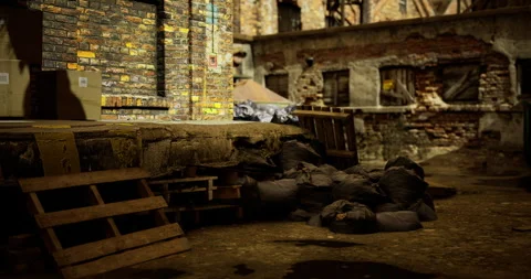 Abandoned warehouse with bricks and debris at nighttime in a deserted location Stock Footage 321824378