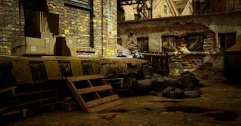 Abandoned warehouse with bricks and debris at nighttime in a deserted locatio 库存插图