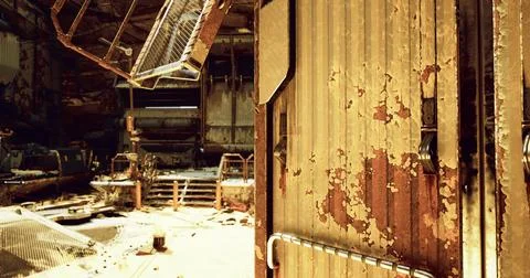 Abandoned warehouse interior with rust and decay in bright daylight Illustrazione stock