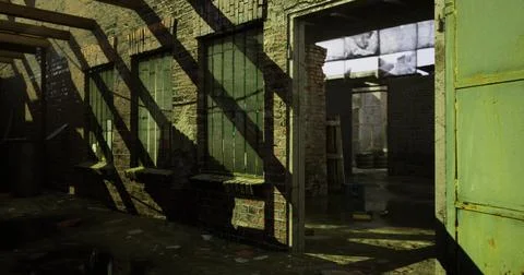 Abandoned warehouse interior with strong shadows and green hues Stock Illustration