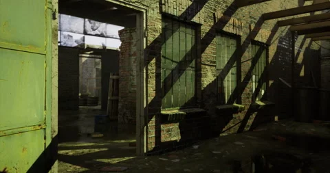 Abandoned warehouse interior with sunlight casting shadows on walls Stock Footage 313635136