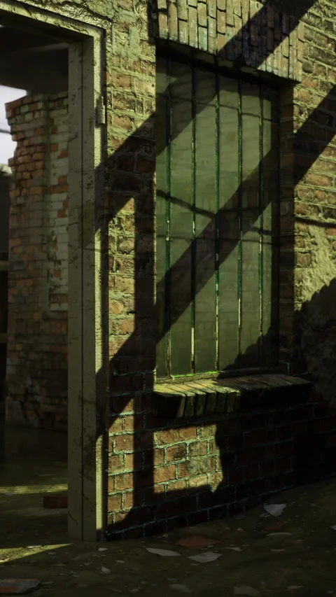 Abandoned warehouse interior with sunlight casting shadows on walls Stock Footage 317093158