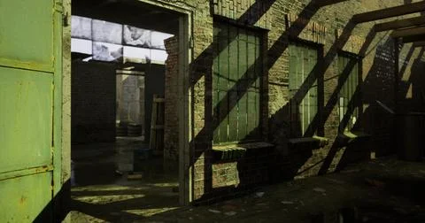 Abandoned warehouse interior with sunlight casting shadows on walls Stock Illustration