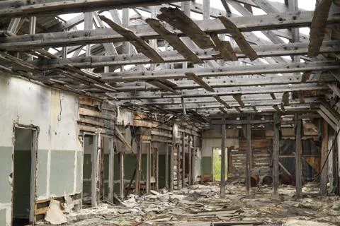 Abandoned Warehouse interior, Tracking shot Stock Photos