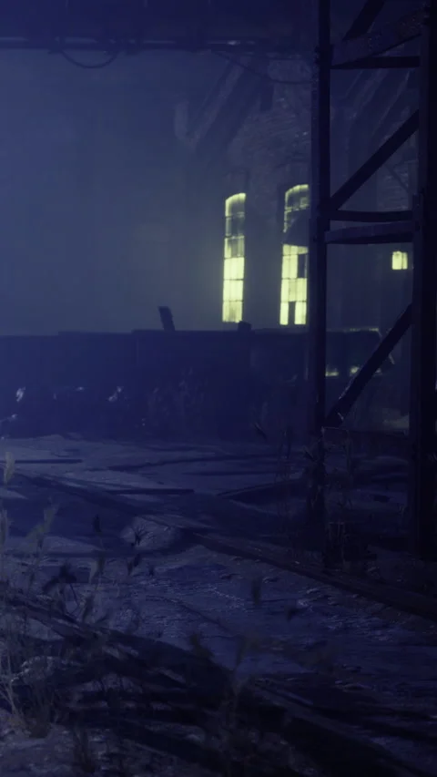 Abandoned warehouse at night with dim light shining through windows Stock Footage 334050250