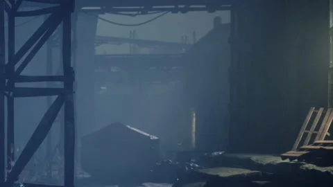 Abandoned warehouse at night with light coming from windows Stock Footage 341792246