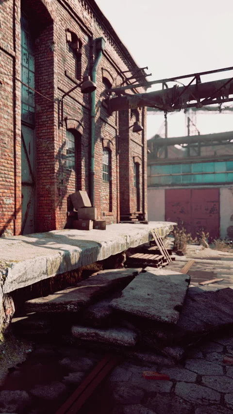 Abandoned warehouse with old structures and empty space near the city Stock Footage 342653456
