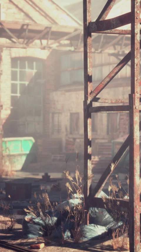 Abandoned warehouse scene with old structures and scattered debris Stock Footage 343154966