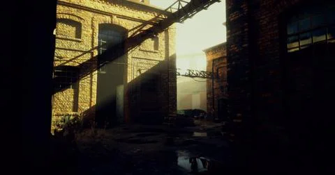 Abandoned warehouse with sunlight casting shadows in urban decay Stock Illustration