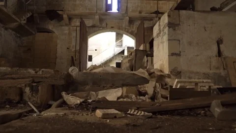 Abandoned warehouse walkthrough low pov Stock Footage 73675232