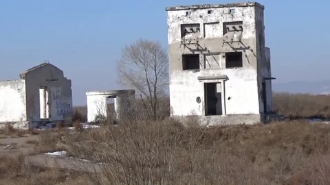 Abandoned water intake buildings Stock Footage 75536424