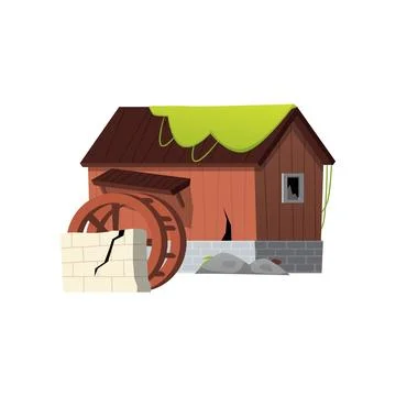 Abandoned water mill vector flat icon. Vintage old destroyed stone and wooden Ilustración de archivo