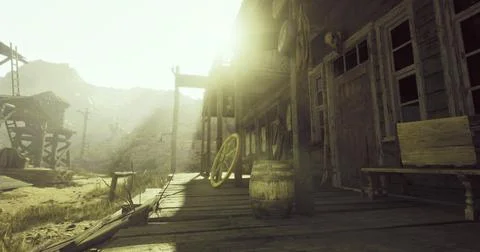 Abandoned western town with vintage structures illuminated by sunlight Ilustração Stock