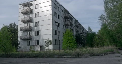 Abandoned white commie flat block in Pripyat Stock Footage 200951293
