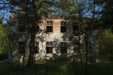 An abandoned, windowless building in the middle of a forest Stock Photos