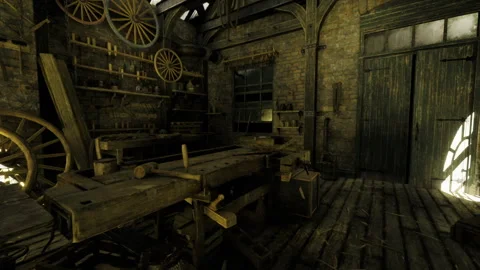Abandoned woodworking space with worn tools and broken windows Stock Footage 338337201