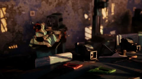 Abandoned workshop with tools and sunlight casting shadows on the walls Stock Footage 304467479