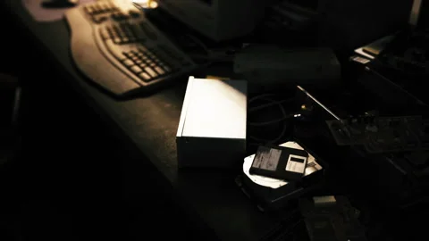 Abandoned Workspace Filled With Old Computers and Tangled Cables Stock Footage 348695013