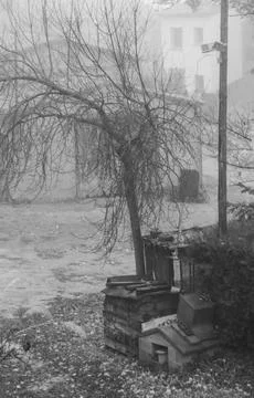 Abandoned Yard with Old Electronics in Black and White Stock Photos