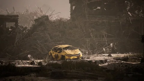 Abandoned yellow car in a post apocalyptic urban environment during daytime Stock Footage 326195736