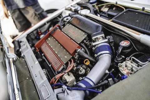 Abarth car engine showing performance tuning components Foto stock