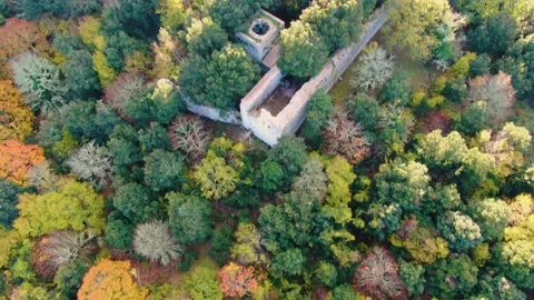 Abbey Ruin Overhead Pan Up to Sun - Abbazia della Santissima Trinità Stock Footage 222584545
