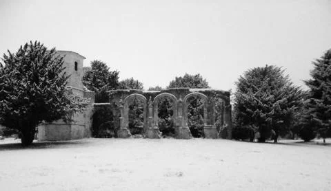 Abbey in snow Stock Photos