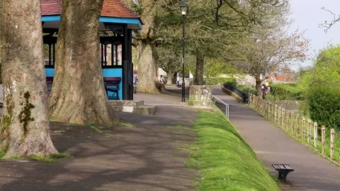 Abbey walk pathway with blue sit down area Stock-Footage 136985075