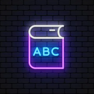 ABC book neon sign. Study book glowing icon. Vector illustration Stock Illustration